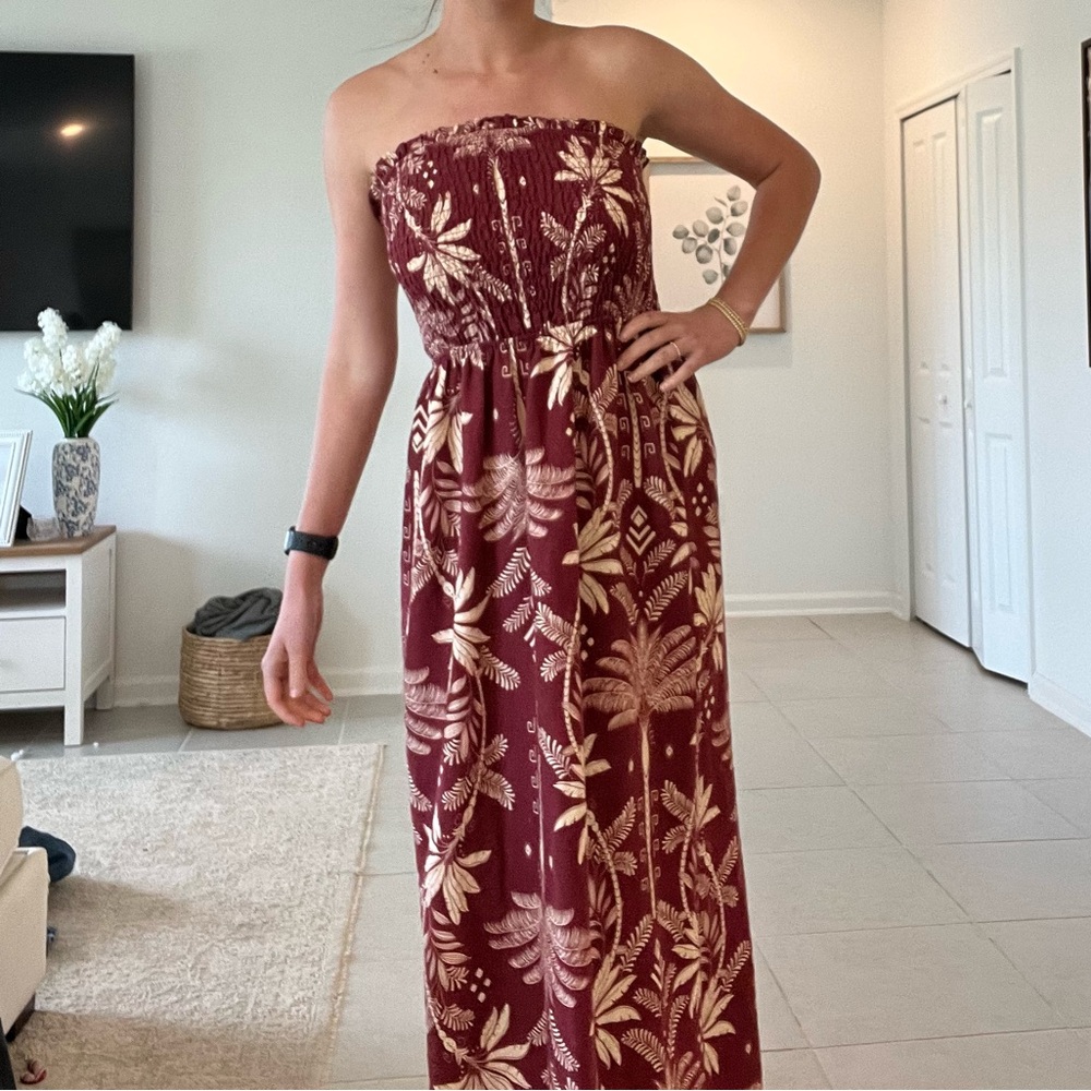 Strapless Floral Maxi Dress in Burgundy and Cream